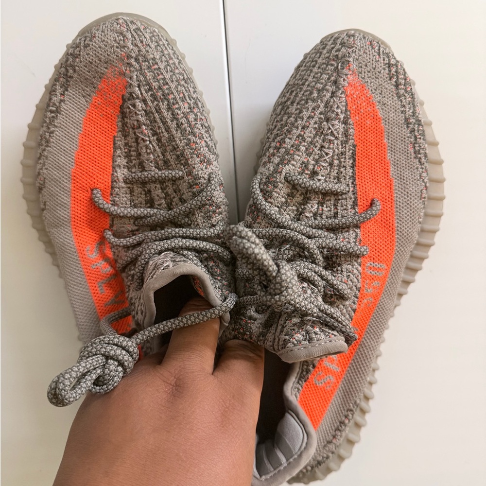 Yeezy 350- Gray Knit Sneakers with Bright Orange Stripe